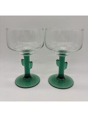 Green Glass Cactus Stem Margarita Glasses 6 oz Set of 2 Libbey Cocktail Barware